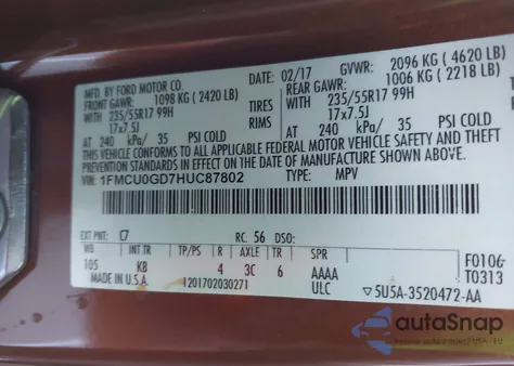 2017 Ford Escape Se из США, поврежденный, VIN 1FMCU0GD7HUC87802